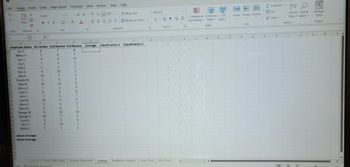 File
5.
2
Unde
E2
3
4
5
6
7
8
9
10
11
12
13
14
15
16
17
18
19
Home Insert Draw Page Layout Formulas
X
A A
La
SP
Clipboard F
A
B
C
D
1 Employee Name 1st review 2nd Review 3rd Review
2
Joe D.
6
Mikey D.
7
Joan J.
9
Ida E.
3
Gail S.
Ron A.
Alex R.
Charles M.
Kate M.
Debra H.
John H.
John L.
Paul M.
28
29
30
Paste
Gloria T.
Barry R.
George W.
George H.
Carol K.
Ann H.
Nadia C.
20
21
22
23 Above Average
24 Below Average
25
26
27
Ready
Calibri
BIU-A-
5
9
10
2
10
7
6
7
10
3
5
9
10
4
9
5
Font
7
6
9
4
6
10
7
4
10
5
8
5
9
4
11
6
10
7
5
10
5
8
7
10
5
7
7
5
3
9
9
8
7
9
3
7
10
5
4
7
9
Data
&
Review
View Help
===.
Alignment
Wrap Text
Merge & Center w
G
Average Classification 1 Classification 2
ly
H
General
$%95028
Namber
I
p=r-e Pivot Table Data Income Statement Lookup Breakeven Analysis Line Chart Bar Chart
Accessibility: Good to go
(+)
K
Cell
Conditional Format as
Formatting Table Styles
Styles
L
M
N
O
—
IIX
H
Insert Delete Format
2
P
V
Cells
Q
R
Σ Autosum το
Clear
S
280
Sort & Find &
Filter Select
Editing
T
3
E
U
H
Analyze
Data
Analysis
V
W
X
