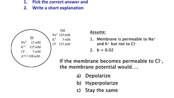 1. Pick the correct answer and
2.
Write a short explanation
Out
Na+ 120 mM
IN
K+ 5 mM
Na+
K+
12 mM
125 mM
Cl 125 mM
Cl-
5 mM
A-1.2 108 mM
Assume:
1. Membrane is permeable to Na+
and K+ but not to Cl-
2. b = 0.02
If the membrane becomes permeable to Cl-,
the membrane potential would....
a) Depolarize
b) Hyperpolarize
c) Stay the same