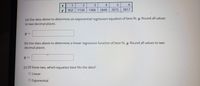 1
3
4
952
1134
1406
1849
2075
2817
(a) Use data above to determine an exponential regression equation of best fit, y. Round all values
to two decimal places.
y =
%3D
(b) Use data above to determine a linear regression function of best fit, y. Round all values to two
decimal places.
(c) Of these two, which equation best fits the data?
O Linear
O Exponential
