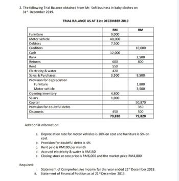 2. The following Trial Balance obtained from Mr. Sofi business in baby clothes on
31st December 2019.
Furniture
Motor vehicle
Debtors
Creditors
Cash
Bank
Returns
Rent
TRIAL BALANCE AS AT 31st DECEMBER 2019
Electricity & water
Sales & Purchases
Provision for depreciation
Furniture
Motor vehicle
Opening inventory
Salary
Capital
Provision for doubtful debts
Discounts
Required:
RM
9,000
40,000
7,500
12,000
600
550
420
3,500
4,800
1,000
450
79,820
RM
10,000
2,500
800
9,500
1,800
3,500
50,870
350
500
79,820
Additional information:
a. Depreciation rate for motor vehicles is 10% on cost and furniture is 5% on
cost.
b. Provision for doubtful debts is 4%
c. Rent paid is RM100 per month
d. Accrued electricity & water is RM150
e. Closing stock at cost price is RM6,000 and the market price RM4,800
i. Statement of Comprehensive Income for the year ended 21st December 2019.
ii. Statement of Financial Position as at 21st December 2019.