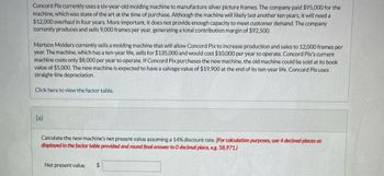 Concord Pix currently uses a six-year-old molding machine to manufacture silver picture frames. The company paid $95,000 for the
machine, which was state of the art at the time of purchase. Although the machine will likely last another ten years, it will need a
$12,000 overhaul in four years. More important, it does not provide enough capacity to meet customer demand. The company
currently produces and sells 9.000 frames per year, generating a total contribution margin of $92,500.
Martson Molders currently sells a molding machine that will allow Concord Pix to increase production and sales to 12,000 frames per
year. The machine, which has a ten-year life, sells for $135,000 and would cost $10,000 per year to operate. Concord Pix's current
machine costs only $8,000 per year to operate. If Concord Pix purchases the new machine, the old machine could be sold at its book
value of $5,000. The new machine is expected to have a salvage value of $19,900 at the end of its ten-year life. Concord Pix uses
straight-line depreciation.
Click here to view the factor table.
(a)
Calculate the new machine's net present value assuming a 14% discount rate. (For calculation purposes, use 4 decimal places as
displayed in the factor table provided and round final answer to O decimal place, e.g. 58,971)
Net present value $