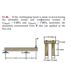 11-86. If the overhanging beam is made of wood having
the allowable tensile and compressive stresses of
(m). = 4 MPa and (atm)e = 5'MPa, determine the
maximum concentrated force P that can applied at the
free end.
-130mm-
5 mm
200 mm
25 mm 25 mm
