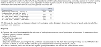 Scrappers Supplies tracks the number of units purchased and sold throughout each accounting period but applies its inventory costing
method at the end of each period, as if it uses a periodic inventory system. Assume its accounting records provided the following
information at the end of the annual accounting period, December 31.
Unit
Transactions
Units
Cost
Beginning inventory, January 1
Transactions during the year:
a. Purchase on account, March 2
b. Cash sale, April 1 ($46 each)
c. Purchase on account, June 30
d. Cash sale, August 1 ($46 each)
200
$30
300
32
(350)
250
36
(50)
TIP: Although the purchases and sales are listed in chronological order, Scrappers determines the cost of goods sold after all of the
purchases have occurred.
Required:
1. Compute the cost of goods available for sale, cost of ending inventory, and cost of goods sold at December 31 under each of the
following inventory costing methods:
a. Last-in, first-out.
b. Weighted average cost.
c. First-in, first-out.
d. Specific identification, assuming that the April 1 sale was selected one-fifth from the beginning inventory and four-fifths from the
purchase of March 2. Assume that the sale of August 1 was selected from the purchase of June 30.
2. Of the four methods, which will result in the highest gross profit? Which will result in the lowest income taxes?
