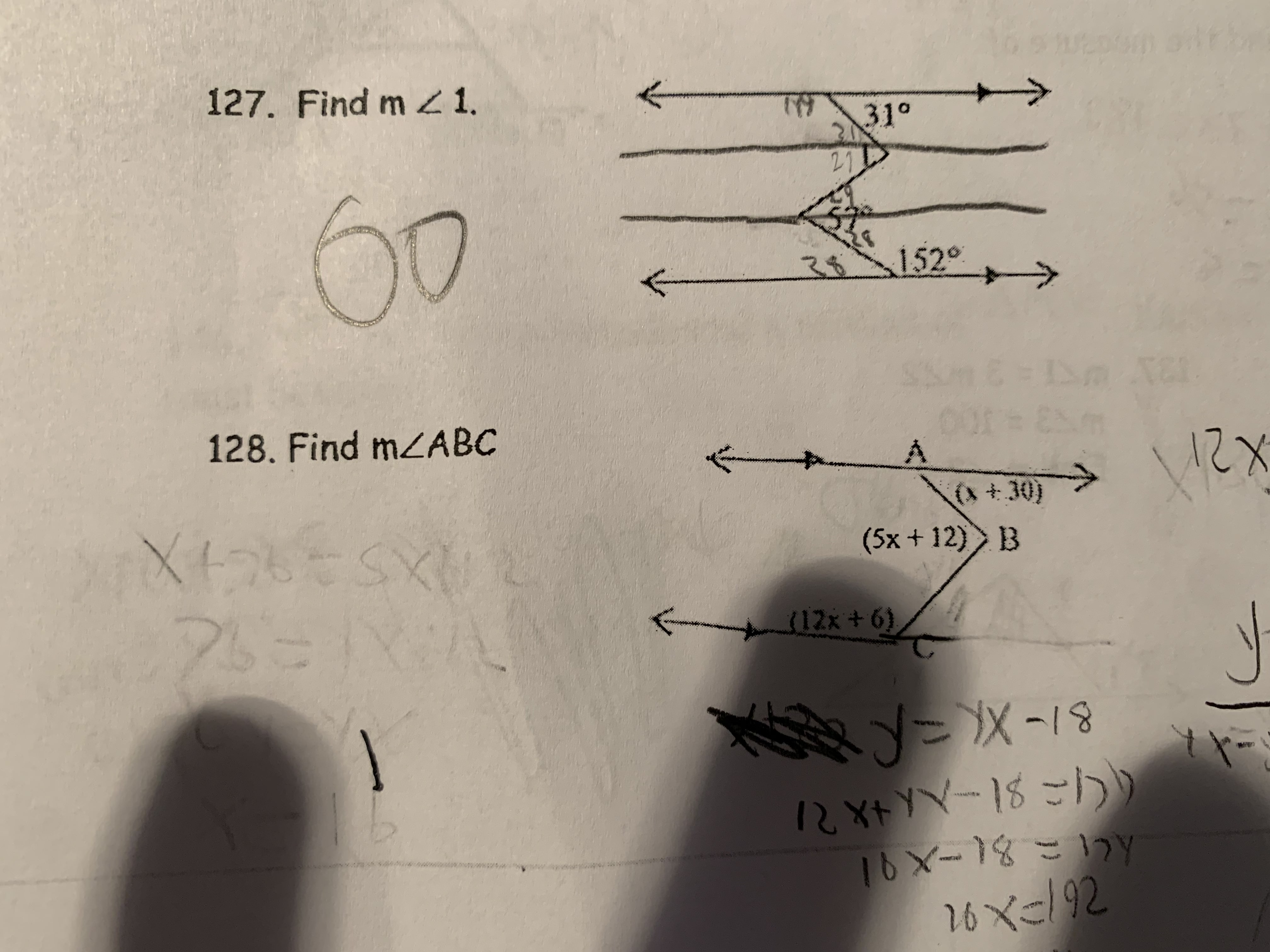 127. Find m 1.
31°
27
60
35
152°
128. Find MZABC
12X
(x+30)
(5x+12)B
(12x+ 6)
メ-18
RXt-18 ご))
16X-18 こy
16 x192
ank
