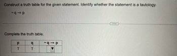 Construct a truth table for the given statement. Identify whether the statement is a tautology.
-9-p
Complete the truth table.
P
T
q
T
-94P
***