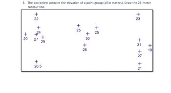 3. The box below contains the elevation of a point group (all in meters). Draw the 25-meter
contour line.
+
20
+ 22
+
+24
27
8+
+
29
20.5
+
25
+g+
30
28
+
25
+
23
+ 19
+31 +7 + 21
27