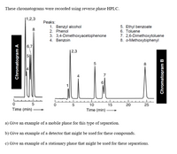 These chromatograms were recorded using reverse phase HPLC.
|1,2,3
Peaks:
1. Benzyl alcohol
2. Phenol
5. Ethyl benzoate
6. Toluene
7. 2,6-Dimethoxytoluene
8. o-Methoxybiphenyl
8
3. 3,4-Dimethoxyacetophenone
4. Benzoin
6,7
|2,3
51
5
8
5
5
10
15
20
25
Time (min)
Time (min) →
a) Give an example of a mobile phase for this type of separation.
b) Give an example of a detector that might be used for these compounds.
c) Give an example of a stationary phase that might be used for these separations.
Chromatogram A
Chromatogram B
