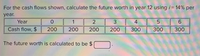 For the cash flows shown, calculate the future worth in year 12 using i= 14% per
year.
Year
1
2
4
6.
Cash flow, $
200
200
200
200
300
300
300
The future worth is calculated to be $
