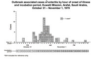 Outbreak associated cases of enteritis by hour of onset of illness
and incubation period, Kuwaiti Mission, Arafat, Saudi Arabia,
October 31 - November 1, 1979
15
ID = 1 case*
10-
60 92 84
58 9183
52 90 82
72 51 89 78
87 70 94
66 40 93 85
65 2116 34
5-
74
75
789 1011 12 123 45671 8 9 1011 12
14|33
95
Hour of
Onset
23 4
PM
AM
PM
October 31
November 1
Incubation
period
012345
89 10 11 12 13 1
3/24 25 26 27 28 29 30 31 32 33 34
*ID# included for reference only.
Cases
