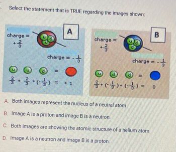 Select the statement that is TRUE regarding the images shown:
charge =
+3
A
charge =
**(-)
charge =
+3
charge=
O
= (-) + (-) +
B
A. Both images represent the nucleus of a neutral atom
B. Image A is a proton and image B is a neutron.
C. Both images are showing the atomic structure of a helium atom
D. Image A is a neutron and image B is a proton.