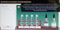 Qualitative Analysis of Carbohydrates
Carbohydrates undergo dehydration by Conc. H2SO4 to form furfural
(furfuraldehyde) or its derivative. The furfurals further react with a-naphthol
present in the Molisch's reagent to form a red-violet (purple) coloured
product that appears as a purple ring at the interface between
the acid and the test layers.
Select the test:
Molisch's test
Molisch'
Reagent
Conc.
H2SO4
Reset
Glucose
Lactose
Sucrose
Starch
