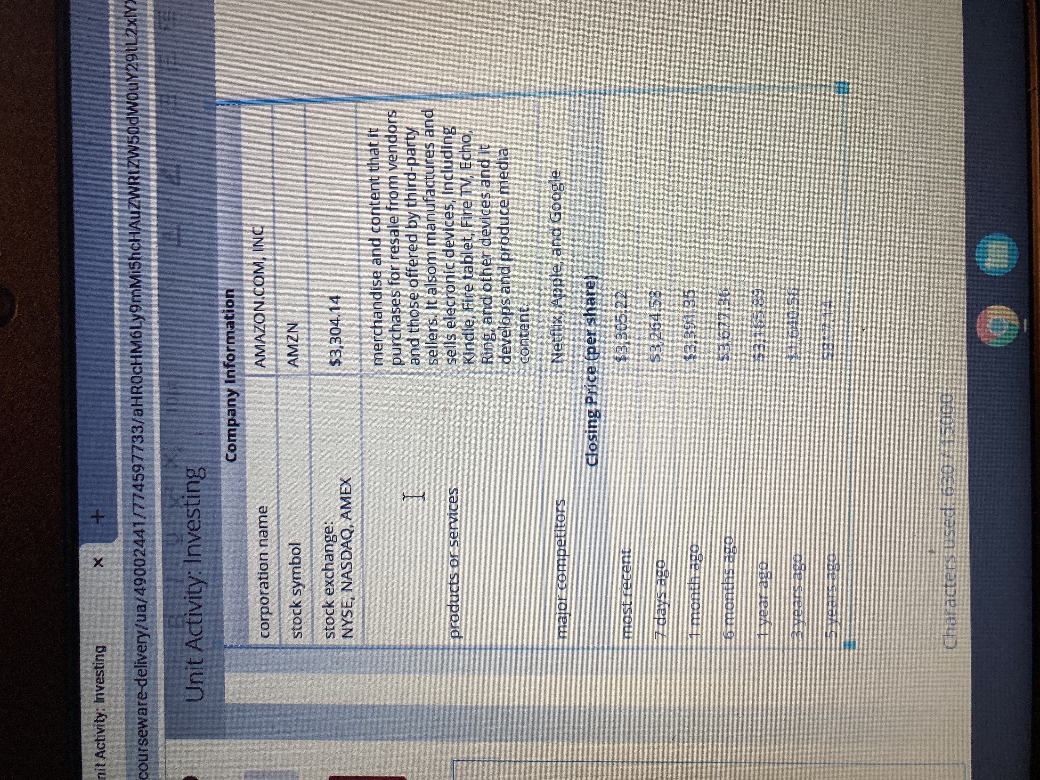 nit Activity: Investing
courseware-delivery/ua/49002441/774597733/aHR0cHM6Ly9mMi5hcHAuZWRtZW50dWOuY29tL2xlY>
Unit Activity: Investing
BEE 77
Company Information
corporation name
AMAZON.COM, INC
stock symbol
NZWV
stock exchange:
NYSE, NASDAQ, AMEX
$3,304.14
merchandise and content that it
purchases for resale from vendors
and those offered by third-party
sellers. It alsom manufactures and
sells elecronic devices, including
Kindle, Fire tablet, Fire TV, Echo,
Ring, and other devices and it
develops and produce media
products or services
content.
major competitors
Netflix, Apple, and Google
Closing Price (per share)
most recent
$3,305.22
7 days ago
$3,264.58
1 month ago
$3,391.35
6 months ago
$43,677.36
1 year ago
$3,165.89
oBe siea
5 years ago
Characters used: 630/15000

