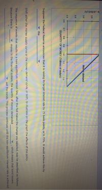 INTEREST R
3.5
3.0
Money demand
2.5
2.0
0.6
0.7
0.8
0.9
1.0
1.1
1.2
1.3
QUANTITY OF MONEY (Trillions of dollars)
Suppose the Federal Reserve announces that it is raising its target interest rate by 75 basis points, or 0.75%. It would achieve this by
the
Shift either the money supply curve or the money demand curve, or both, to illustrate on the graph the effects of this policy.
The sequence of events that results in a new equilibrium interest rate, after the Fed makes the change you selected, may be described as follows:
Because there is
money in the financial system, the quantity of money demanded
which means that bond issuers
sell the bonds. This process continues until the new equilibrium interest rate is achieved.
