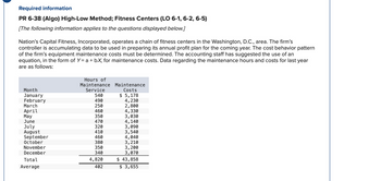 Required information
PR 6-38 (Algo) High-Low Method; Fitness Centers (LO 6-1, 6-2, 6-5)
[The following information applies to the questions displayed below.]
Nation's Capital Fitness, Incorporated, operates a chain of fitness centers in the Washington, D.C., area. The firm's
controller is accumulating data to be used in preparing its annual profit plan for the coming year. The cost behavior pattern
of the firm's equipment maintenance costs must be determined. The accounting staff has suggested the use of an
equation, in the form of Y= a + bx, for maintenance costs. Data regarding the maintenance hours and costs for last year
are as follows:
Month
January
February
March
April
May
June
July
August
September
October
November
December
Total
Average
Hours of
Maintenance
Service
540
490
250
460
350
470
320
410
460
380
350
340
4,820
402
Maintenance
Costs
$ 5,178
4,230
2,800
4,330
3,030
4,140
3,090
3,540
4,040
3,210
3,200
3,070
$ 43,858
$ 3,655