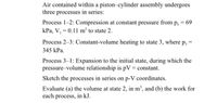 Air contained within a piston-cylinder assembly undergoes
three processes in series:
Process 1-2: Compression at constant pressure from p, = 69
kPa, V, = 0.11 m' to state 2.
Process 2–3: Constant-volume heating to state 3, where p; =
345 kPa.
Process 3–1: Expansion to the initial state, during which the
pressure-volume relationship is pV = constant.
Sketch the processes in series on p-V coordinates.
Evaluate (a) the volume at state 2, in m³, and (b) the work for
each process, in kJ.
