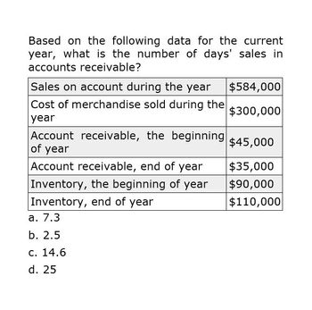 Based on the following data for the current
year, what is the number of days' sales in
accounts receivable?
Sales on account during the year
$584,000
Cost of merchandise sold during the
$300,000
year
Account receivable, the beginning
$45,000
of year
Account receivable, end of year
$35,000
Inventory, the beginning of year
$90,000
Inventory, end of year
$110,000
a. 7.3
b. 2.5
c. 14.6
d. 25