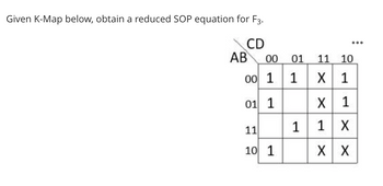 Given K-Map below, obtain a reduced SOP equation for F3.
CD
AB
00
01
11 10
00 1 1
X 1
01 1
X 1
21
11
1
1 X
10 1
X X