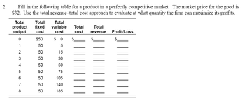 2.
Fill in the following table for a product in a perfectly competitive market. The market price for the good is
$32. Use the total revenue-total cost approach to evaluate at what quantity the firm can maximize its profits.
Total Total
product fixed
output cost
5056 A WN - O
2
3
4
7
8
$50
50
ggggggg
50
50
50
50
50
50
50
Total
variable Total
cost
cost
$0
$
5
15
30
50
75
105
140
185
Total
revenue
$
Profit/Loss
$