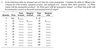 2.
In the following table are demand and cost data for a pure monopolist. Complete the table by filling in the
columns for total revenue, marginal revenue, and marginal cost. Answer these three questions: (a) What
output will the monopolist produce? (b) What price will the monopolist charge? (c) What total profit will
the monopolist receive at the profit-maximizing level of output?
Quantity Price revenue
0
1
2
3
4
5
6
O
9
10
$34 $
32
30
28
26
24
22
20
18
16
14
Total Marginal Total
revenue
cost
มี
$ 20
36
46
50
54
56
64
80
100
128
160
Marginal
cost
$