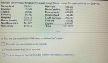 The table below shows the data from a past United States census. Complete parts (a) and (b) below.

| State          | Population |
|----------------|------------|
| Connecticut    | 236,841    |
| Delaware       | 55,540     |
| Georgia        | 70,835     |
| Kentucky       | 68,705     |
| Maryland       | 278,514    |
| Massachusetts  | 475,327    |
| New Hampshire  | 141,822    |
| New Jersey     | 179,570    |
| New York       | 331,589    |
| North Carolina | 353,523    |
| Pennsylvania   | 432,879    |
| Rhode Island   | 68,446     |
| South Carolina | 206,236    |
| Vermont        | 85,533     |
| Virginia       | 630,560    |
| **Total**      | **3,615,920** |

---

a. Find the standard divisor if 90 seats are allowed in Congress.

(Round to two decimal places as needed.)

b. Find the standard quota for Vermont.

(Type an integer or decimal rounded to two decimal places as needed.)