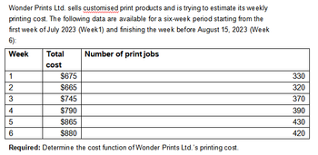 Wonder Prints Ltd. sells customised print products and is trying to estimate its weekly
printing cost. The following data are available for a six-week period starting from the
first week of July 2023 (Week 1) and finishing the week before August 15, 2023 (Week
6):
Week
Number of print jobs
Total
cost
1
2
3
4
5
6
$675
$665
$745
$790
$865
$880
Required: Determine the cost function of Wonder Prints Ltd.'s printing cost.
330
320
370
390
430
420