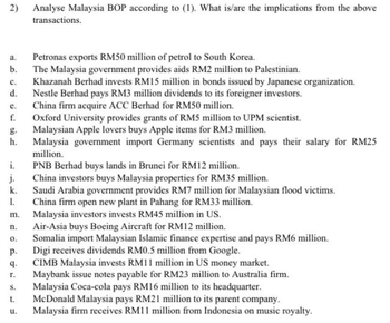 2)
a.
b.
C.
d.
e.
f.
h.
i.
j.
k.
1.
m.
n.
0.
P.
9.
T.
S.
t.
u.
Analyse Malaysia BOP according to (1). What is/are the implications from the above
transactions.
Petronas exports RM50 million of petrol to South Korea.
The Malaysia government provides aids RM2 million to Palestinian.
Khazanah Berhad invests RM15 million in bonds issued by Japanese organization.
Nestle Berhad pays RM3 million dividends to its foreigner investors.
China firm acquire ACC Berhad for RM50 million.
Oxford University provides grants of RM5 million to UPM scientist.
Malaysian Apple lovers buys Apple items for RM3 million.
Malaysia government import Germany scientists and pays their salary for RM25
million.
PNB Berhad buys lands in Brunei for RM12 million.
China investors buys Malaysia properties for RM35 million.
Saudi Arabia government provides RM7 million for Malaysian flood victims.
China firm open new plant in Pahang for RM33 million.
Malaysia investors invests RM45 million in US.
Air-Asia buys Boeing Aircraft for RM12 million.
Somalia import Malaysian Islamic finance expertise and pays RM6 million.
Digi receives dividends RM0.5 million from Google.
CIMB Malaysia invests RM11 million in US money market.
Maybank issue notes payable for RM23 million to Australia firm.
Malaysia Coca-cola pays RM16 million to its headquarter.
McDonald Malaysia pays RM21 million to its parent company.
Malaysia firm receives RM11 million from Indonesia on music royalty.