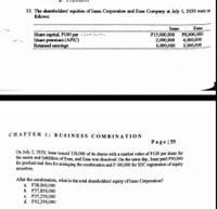 33. The shareholders' equities of Isaac Corporation and Esau Company at July 1, 2020 were as
follows:
Isaac
Esau
Share capital, P100 par isor shres
Share premium (APIC)
Retained earnings
P15,000,000 P8,000,000
2,000,000
6,000,000
4,000,000
3,000,000
CHAPTER 1: BUSINESS COMBINATION
Page |55
On July 2, 2020, Isaac issued 120,000 of its shares with a market value of P120 per share for
the assets and liabilities of Esau, and Esau was dissolved. On the same day, Isaac paid P50,000
for professional fees for arranging the combination andP 100,000 for SEC registration of equity
securities.
After the combination, what is the total shareholders' equity of Isaac Corporation?
a. P38,000,000
b. Р37,850,000
с. Р37,250,000
d. P52,250,000
