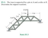 F5-3. The truss is supported by a pin at A and a roller at B.
Determine the support reactions.
10 kN
-2 m
-4 m
5 kN
B
4 m
45
Prob. F5-3
2.
