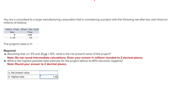 You are a consultant to a large manufacturing corporation that is considering a project with the following net after-tax cash flows (in
millions of dollars):
Years from After-Tax Cash
Now
Flow
-100
18
0
1-10
The project's beta is 1.1.
Required:
a. Assuming that rf= 5% and E(M) = 10%, what is the net present value of the project?
Note: Do not round intermediate calculations. Enter your answer in millions rounded to 2 decimal places.
b. What is the highest possible beta estimate for the project before its NPV becomes negative?
Note: Round your answer to 2 decimal places.
a. Net present value
b. Highest beta
1.48