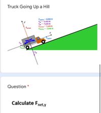 Truck Going Up a Hill
Fapplied = 8,000 N
F=-5,450 N
F =-7,600 N
Fnormal = 7,600 N
Feiction =-3,040 N
Fnormal
"applied
Friction
Fy
Question *
Calculate Fnet,y
