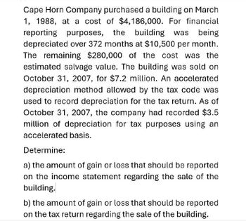 Cape Horn Company purchased a building on March
1, 1988, at a cost of $4,186,000. For financial
reporting purposes, the building was being
depreciated over 372 months at $10,500 per month.
The remaining $280,000 of the cost was the
estimated salvage value. The building was sold on
October 31, 2007, for $7.2 million. An accelerated
depreciation method allowed by the tax code was
used to record depreciation for the tax return. As of
October 31, 2007, the company had recorded $3.5
million of depreciation for tax purposes using an
accelerated basis.
Determine:
a) the amount of gain or loss that should be reported
on the income statement regarding the sale of the
building.
b) the amount of gain or loss that should be reported
on the tax return regarding the sale of the building.