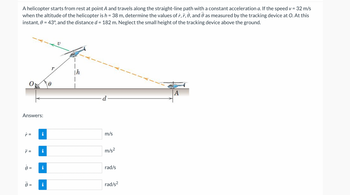 A helicopter starts from rest at point A and travels along the straight-line path with a constant acceleration a. If the speed v = 32 m/s
when the altitude of the helicopter is h = 38 m, determine the values of r, r, 0, and 0 as measured by the tracking device at O. At this
instant, 0 = 43°, and the distance d = 182 m. Neglect the small height of the tracking device above the ground.
Answers:
!!!
=
=
X
=
i
i
i
i
ע
Th
m/s
m/s²
rad/s
rad/s²
A