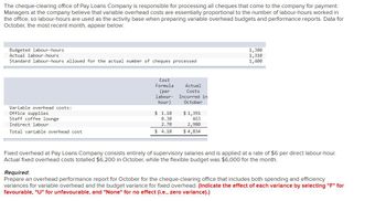 The cheque-clearing office of Pay Loans Company is responsible for processing all cheques that come to the company for payment.
Managers at the company believe that variable overhead costs are essentially proportional to the number of labour-hours worked in
the office, so labour-hours are used as the activity base when preparing variable overhead budgets and performance reports. Data for
October, the most recent month, appear below:
Budgeted labour-hours
Actual labour-hours
Standard labour-hours allowed for the actual number of cheques processed
Variable overhead costs:
Office supplies
Staff coffee lounge.
Indirect labour
Total variable overhead cost
Cost
Formula
(per
labour-
hour)
$ 1.10
0.30
2.70
$4.10
Actual
Costs
Incurred in
October
$ 1,391
463
2,980
$ 4,834
1,380
1,310
1,400
Fixed overhead at Pay Loans Company consists entirely supervisory salaries and is applied at a rate of $6 per direct labour-hour.
Actual fixed overhead costs totalled $6,200 in October, while the flexible budget was $6,000 for the month.
Required:
Prepare an overhead performance report for October for the cheque-clearing office that includes both spending and efficiency
variances for variable overhead and the budget variance for fixed overhead. (Indicate the effect of each variance by selecting "F" for
favourable, "U" for unfavourable, and "None" for no effect (i.e., zero variance).)