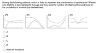 Among the following patterns, which is likely to represent the phenomenon of senescence? Please
note that the x-axis represents the age and the y-axis the number of offspring (the solid lines) or
the probability of survival (the dashed lines).
(A)
(B)
(C)
(D)
D
None of the above
