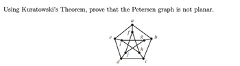 Using Kuratowski's Theorem, prove that the Petersen graph is not planar.
a
g
b