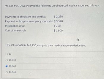 Mr. and Mrs. Oliva incurred the following unreimbursed medical expenses this year.
Payments to physicians and dentists
$ 2,290
Payment for hospital emergency room visit $ 3,520
$750
$ 1,800
Prescription drugs
Cost of wheelchair
If the Olivas' AGI is $43,150, compute their medical expense deduction.
O $0
O $6,040
$8,360
O $6,040