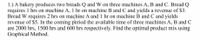 1.) A bakery produces two breads Q and W on three machines A, B and C. Bread Q
requires 1 hrs on machine A, 1 hr on machine B and C and yields a revenue of $3.
Bread W requires 2 hrs on machine A and 1 hr on machine B and C and yields
revenue of $5. In the coming period the available time of three machines A, B and C
are 2000 hrs, 1500 hrs and 600 hrs respectively. Find the optimal product mix using
Graphical Method.
