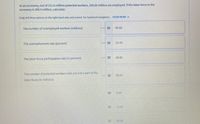 In an economy, out of 221.6 million potential workers, 180.65 million are employed. If the labor force in the economy is 200.5 million, calculate:

1. The number of unemployed workers (millions)

2. The unemployment rate (percent)

3. The labor force participation rate (in percent)

4. The number of potential workers who are not a part of the labor force (in millions)

Possible values for these calculations are provided as follows:

- 81.52
- 21.10
- 40.65
- 90.47
- 9.90
- 19.85
- 30.09

(Note: No graphs or diagrams present in the image.)