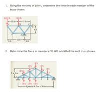 1. Using the method of joints, determine the force in each member of the
truss shown.
2000 Ib
1000 b
-12 t-
IT
12 ft
6ft
2. Determine the force in members FH, GH, and Gl of the roof truss shown.
I KN
I KN
1 IN
I kN D
5 KN 5 KN 5ÀN
6 punels @5 m= 30 m
