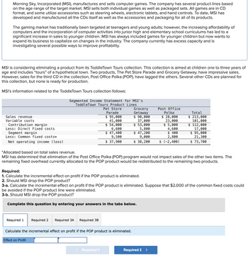 Morning Sky, Incorporated (MSI), manufactures and sells computer games. The company has several product lines based
on the age range of the target market. MSI sells both individual games as well as packaged sets. All games are in CD
format, and some utilize accessories such as steering wheels, electronic tablets, and hand controls. To date, MSI has
developed and manufactured all the CDs itself as well as the accessories and packaging for all of its products.
The gaming market has traditionally been targeted at teenagers and young adults; however, the increasing affordability of
computers and the incorporation of computer activities into junior high and elementary school curriculums has led to a
significant increase in sales to younger children. MSI has always included games for younger children but now wants to
expand its business to capitalize on changes in the industry. The company currently has excess capacity and is
investigating several possible ways to improve profitability.
MSI is considering eliminating a product from its ToddleTown Tours collection. This collection is aimed at children one to three years of
age and includes "tours" of a hypothetical town. Two products, The Pet Store Parade and Grocery Getaway, have impressive sales.
However, sales for the third CD in the collection, Post Office Polka (POP), have lagged the others. Several other CDs are planned for
this collection, but none is ready for production.
MSI's information related to the ToddleTown Tours collection follows:
Sales revenue
Variable costs
Contribution margin
Less: Direct Fixed costs
Segment margin
Less: Common fixed costs*
Net operating income (loss)
Segmented Income Statement for MSI's
Toddle Town Tours Product Lines
Pet Store
Parade
$ 95,000
41,000
$ 54,000
6,600
$ 47,400
9,500
$ 37,900
Required 1 Required 2 Required 3A
Effect on Profit
*Allocated based on total sales revenue.
MSI has determined that elimination of the Post Office Polka (POP) program would not impact sales of the other two items. The
remaining fixed overhead currently allocated to the POP product would be redistributed to the remaining two products.
Required 3B
Calculate the incremental effect on profit if the POP product is eliminated.
Grocery
Getaway
$ 90,000
37,000
$ 53,000
Required:
1. Calculate the incremental effect on profit if the POP product is eliminated.
2. Should MSI drop the POP product?
3-a. Calculate the incremental effect on profit if the POP product is eliminated. Suppose that $2,000 of the common fixed costs could
be avoided if the POP product line were eliminated.
3-b. Should MSI drop the POP product?
Complete this question by entering your answers in the tabs below.
5,800
$ 47,200
9,000
$ 38,200
< Required 1
Post Office
Polka
$ 28,000
23,000
$ 5,000
4,600
$ 400
2,800
$ (-2,400)
Total
$ 213,000
101,000
$ 112,000
17,000
$ 95,000
21,300
$ 73,700
Required 2 >