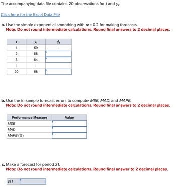 The accompanying data file contains 20 observations for t and yt.
Click here for the Excel Data File
a. Use the simple exponential smoothing with a = 0.2 for making forecasts.
Note: Do not round intermediate calculations. Round final answers to 2 decimal places.
t
Ут
ŷt
1
59
-
2
68
3
64
20
20
68
b. Use the in-sample forecast errors to compute MSE, MAD, and MAPE.
Note: Do not round intermediate calculations. Round final answers to 2 decimal places.
Performance Measure
MSE
MAD
MAPE (%)
Value
c. Make a forecast for period 21.
Note: Do not round intermediate calculations. Round final answer to 2 decimal places.
ŷ21