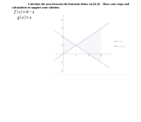 Calculate the area between the functions below on [0, 6]. Show your steps and
calculations to support your solution.
f(x)=4-x
g(x)=x
8.
6.
- y = x
- y= 4-x
6
-2
