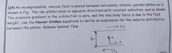 Q4) An incompressible, viscous fluid is placed between horizontal, infinite, parallel plates as is
shown in Fig.. The two plates move in opposite directions with constant velocities, and as shown.
The pressure gradient in the x direction is zero, and the only body force is due to the fluid
weight. Use the Navier-Stokes equations to derive an expression for the velocity distribution
→UI
between the plates. Assume laminar flow.
可心
←U₂
1500