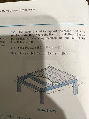 Y DETERMINATE STRUCTURES
orced
0 mm
and
1.
of
noqmos Insition bas Janoshion edi snimmstad -
poirsson to
2-6. The frame is used to support the wood deck in a
residential dwelling where the live load is 40 lb/ft². Sketch
the loading that acts along members BG and ABCD. Set
b = 10 ft, a = 5 ft.
2-7. Solve Prob. 2-6 if b = 8 ft, a = 8 ft.
*2-8. Solve Prob. 2-6 if b = 15 ft, a = 10 ft.
B
2-9. The steel f
Probs. 2-6/7/8