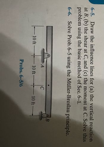 6-5. Draw the influence lines for (a) the vertical reaction
at B, (b) the shear at C, and (c) the moment at C. Solve this
problem using the basic method of Sec. 6-1.
6-6. Solve Prob. 6-5 using the Müller-Breslau principle.
10 ft-
A
10 ft-
IC
+
Probs. 6-5/6
10 ft-
B