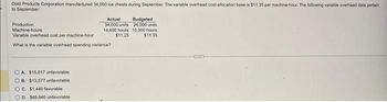 Cold Products Corporation manufactured 34,000 ice chests during September. The variable overhead cost-allocation base is $11.35 per machine-hour. The following variable overhead data pertain
to September
Actual
34,000 units
14,400 hours
$11.25
Production
Machine-hours
Variable overhead cost per machine-hour
What is the variable overhead spending variance?
OA. $15,017 unfavorable
OB. $13,577 unfavorable
OC. $1,440 favorable
OD. $49,940 unfavorable.
Budgeted
26,000 units
10,000 hours
$11.35