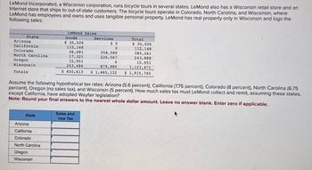 LeMond Incorporated, a Wisconsin corporation, runs bicycle tours in several states. LeMond also has a Wisconsin retail store and an
Internet store that ships to out-of-state customers. The bicycle tours operate in Colorado, North Carolina, and Wisconsin, where
LeMond has employees and owns and uses tangible personal property. LeMond has real property only in Wisconsin and logs the
following sales:
State
Arizona
California.
Colorado
North Carolinal
Oregon
Wisconsin
Totals
State
Arizona
California
Colorado
LeMond Sales
Goods
$ 35,026
112,148
26,681
North Carolina
Oregon
Wisconsin
Services
$0
0
Sales and
Use Tax
358,580
226,567
0
Assume the following hypothetical tax rates: Arizona (5.6 percent). California (7.75 percent), Colorado (8 percent), North Carolina (6.75
percent), Oregon (no sales tax), and Wisconsin (5 percent). How much sales tax must LeMond collect and remit, assuming these states,
except California, have adopted Wayfair legislation?
Note: Round your final answers to the nearest whole dollar amount. Leave no answer ank. Enter zero if applicable.
Total
$ 35,026
112,148
385,261
243,888
15,951
1,123,471
17,321
15,951
243,486
879,985
$ 450,613 $ 1,465,132 $ 1,915,745