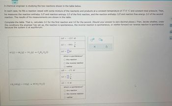 A chemical engineer is studying the two reactions shown in the table below.
In each case, he fills a reaction vessel with some mixture of the reactants and products at a constant temperature of 37.0 °C and constant total pressure. Then,
he measures the reaction enthalpy AH and reaction entropy AS of the first reaction, and the reaction enthalpy AH and reaction free energy AG of the second
reaction. The results of his measurements are shown in the table.
Complete the table. That is, calculate AG for the first reaction and AS for the second. (Round your answer to zero decimal places.) Then, decide whether, under
the conditions the engineer has set up, the reaction is spontaneous, the reverse reaction is spontaneous, or neither forward nor reverse reaction is spontaneous
because the system is at equilibrium.
6C(s) + 6H₂(g) + 30₂(g) → CH₁₂O6 (s)
CH₂OH(g) + CO(g) → HCH₂CO₂ (1)
ΔΗ = -1237. kJ
J
K
AS-3953.
AG = KJ
Which is spontaneous?
O this reaction.
O the reverse reaction
O neither
ΔΗ = − 172. kJ
J
-0%
K
AS =
AG = 0. kJ
Which is spontaneous?
Othis reaction
O the reverse reaction
O neither
4
X
8
00
S
00
Ar