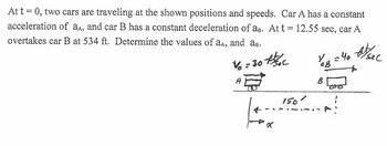 At t = 0, two cars are traveling at the shown positions and speeds. Car A has a constant
acceleration of a^, and car B has a constant deceleration of a B. At t = 12.55 sec, car A
overtakes car B at 534 ft. Determine the values of aA, and aB.
at
108 = 40 sec
V = 30c
B
150'