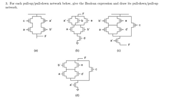 3. For each pull-up/pull-down network below, give the Boolean expression and draw its pull-down/pull-up
network.
C
a'
a'
b
e
b'
a
F
b'
(a)
b'
a
(d)
e
d'
d
F
b'
a
с
(၁)
F
с